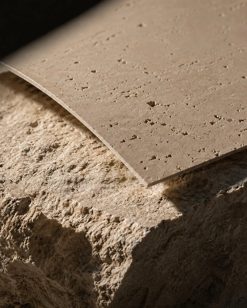 A thin stone panel resting on a rough travertine block in dramatic raking light