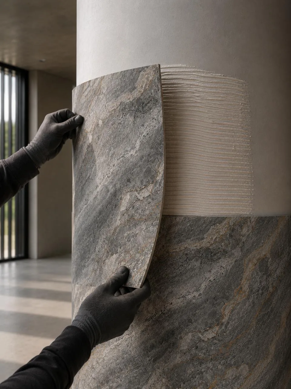 Hands wrapping a flexible stone panel around a round architectural column